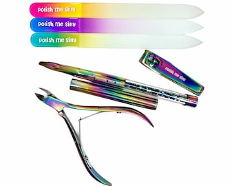 6 pc Full Tool Set- 3 Rainbow Files, Clipper, Nipper, Clean Up Brush  -Polish Me Silly Logo Nail Tools Multi-chrome