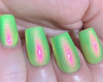 Glow Worm - Neon Green Red Pink Gold "Glow Pop Nail Polish Collection" Multi-Color Shifting: Mylar Oil Slick / Polish Me Silly Indie Nail
