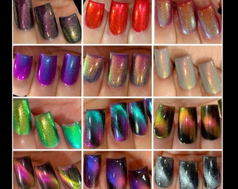 NEW- Full 12 Set (5 Magnetics & Glow Pop Pt 8) " Oil Slick Mylar Color Shifting Multi-chrome Glow Pop Nail Polish / Polish Me Silly