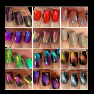 Full 12 Set (5 Magnetics & Glow Pop Pt 8) " Oil Slick Mylar Color Shifting Multi-chrome Glow Pop Nail Polish / Polish Me Silly