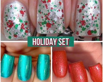 Holiday Polish Set Polka Dot Metallic Foil Christmas Nail Polish 3pc set  :  Custom-Blended Indie Glitter Nail Polish / Lacquer Christmas