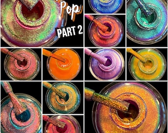 May include: A collage of 12 small bottles of nail polish with iridescent glitter. The bottles are arranged in a grid pattern. The text "Glow Pop Part 2" is visible at the top of the image.