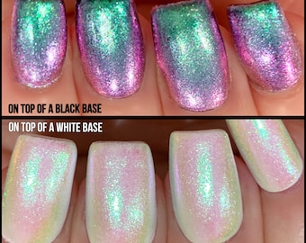 Glow Whisperer- Purple Blue Green Pink Clear Multi-Chrome Topcoat "Glow Pop Nail Polish Collection" Shifting: Oil Slick/Polish Me Silly
