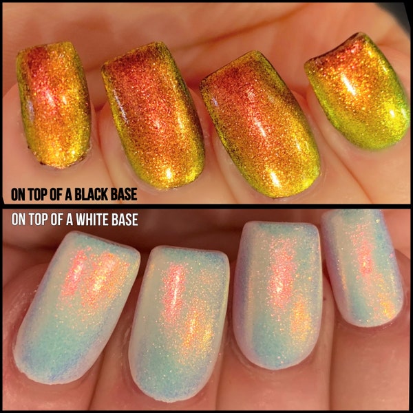 Fire Opal Glow- Red Gold Green Clear Multi-Chrome Topcoat "Glow Pop Nail Polish Collection" Shifting: Mylar Oil Slick / Polish Me Silly