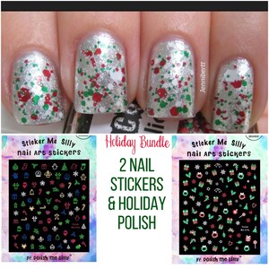 HOLIDAY Bundle— 2 Nail Stickers & Polish - Christmas Holiday Nail Polish Clear Glitter Topcoat Gift Nail Polish Lacquer Best Holiday Gift