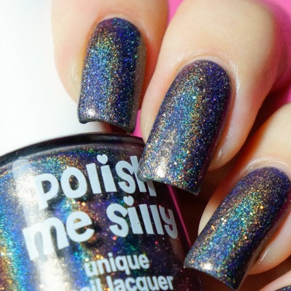 Black Widow: Black Holographic Rainbow Custom-Blended Glitter Nail Polish / Indie Lacquer / Polish Me Silly