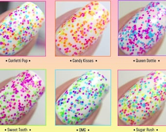 FULL Set Sprinkle Collection- 6 Polka Dot-NEON-Custom-Blended Indie Glitter Nail Polish / Lacquer