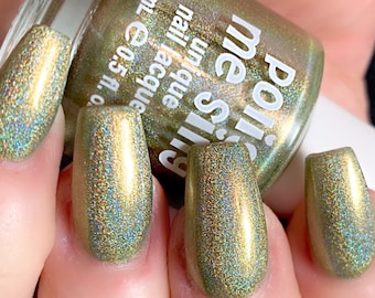 Olive You - Holographic: Olive Green Gold Holographic Rainbow Custom-Blended Glitter Nail Polish / Indie Lacquer / Polish Me Silly
