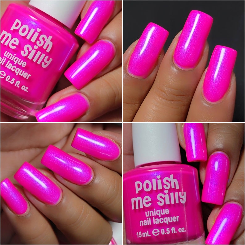 May include: Pink nail polish bottle with the text "Polish me silly" and "unique nail lacquer" on the label. The bottle is next to a hand with pink nails painted with a shimmery finish.