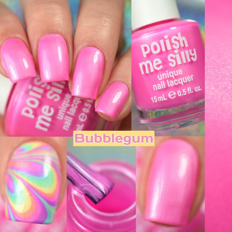 May include: Pink nail polish bottle with the text "Polish me silly" and "unique nail lacquer" on the label. The bottle is 15 ml or 0.5 fl oz. The polish is shown on fingernails and in a small jar.