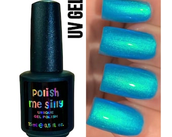 UV Led GEL Nail Polish- Atomic Aqua Glow - Neon Blue Green "NEON Glow Pop Collection" Multi-Color Shift Mylar Oil Slick / Polish Me Silly