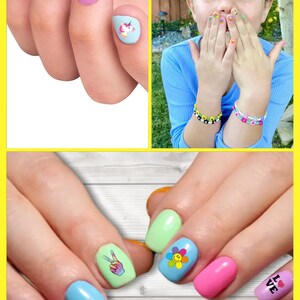 Puede incluir: Un conjunto de pegatinas para u&ntilde;as de colores con varios dise&ntilde;os, incluyendo emojis, un unicornio, un signo de paz, una flor y la palabra "LOVE".