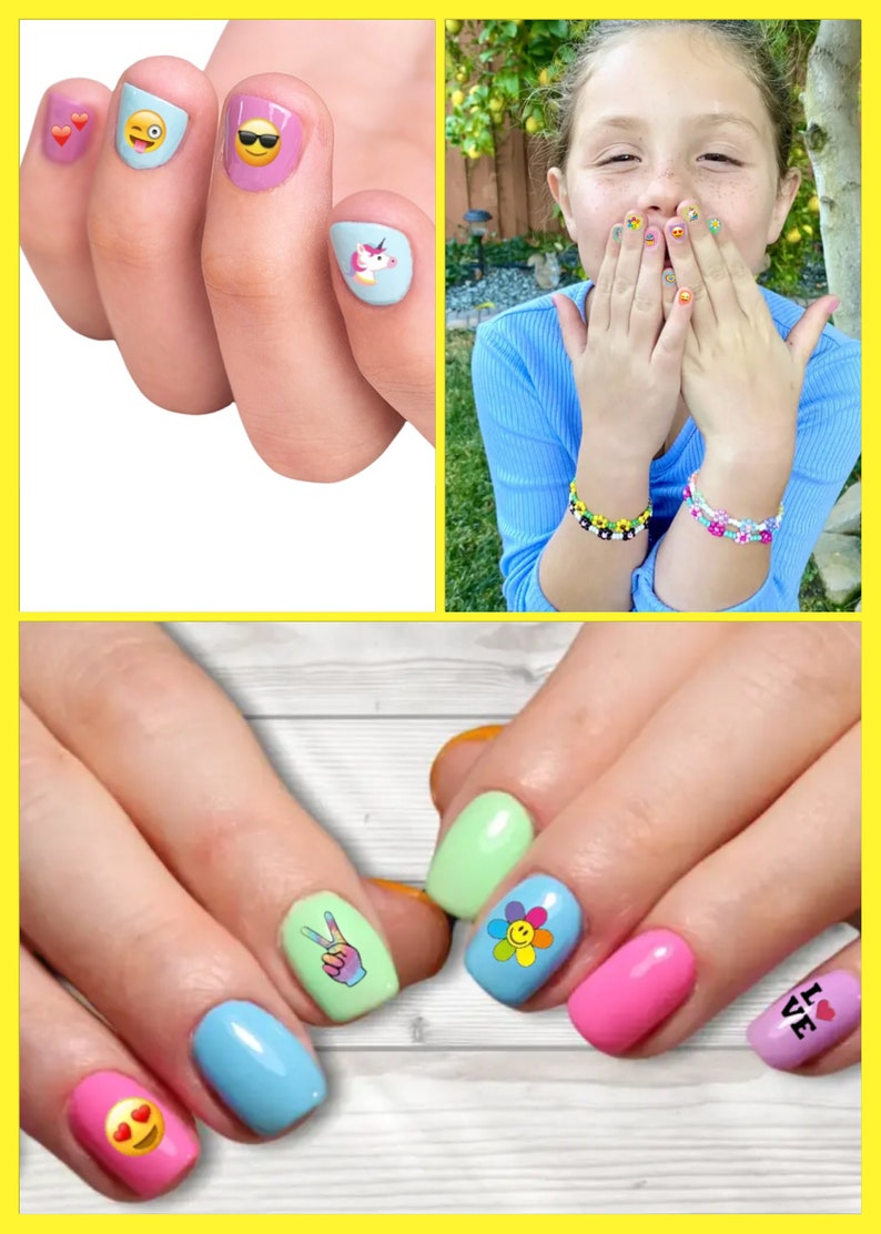 Puede incluir: Un conjunto de pegatinas para u&ntilde;as de colores con varios dise&ntilde;os, incluyendo emojis, un unicornio, un signo de paz, una flor y la palabra "LOVE".