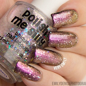 May include: A clear glass bottle of "Polish Me Silly" nail lacquer with a pink and gold glitter finish. The bottle is labelled "unique nail lacquer" and "15 mL - 0.5 fl. oz."