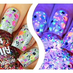 TGIF neon: Rainbow UV Blacklight Reactive Polka Dot NEON Glitter Nail Polish / Lacquer/ indie polish image 1