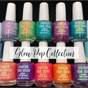 May include: A collection of ten 15 ml (0.5 fl oz) bottles of nail polish in various colors. The bottles are labeled "Polish Me Silly" and the collection is called "Glow Pop Collection".