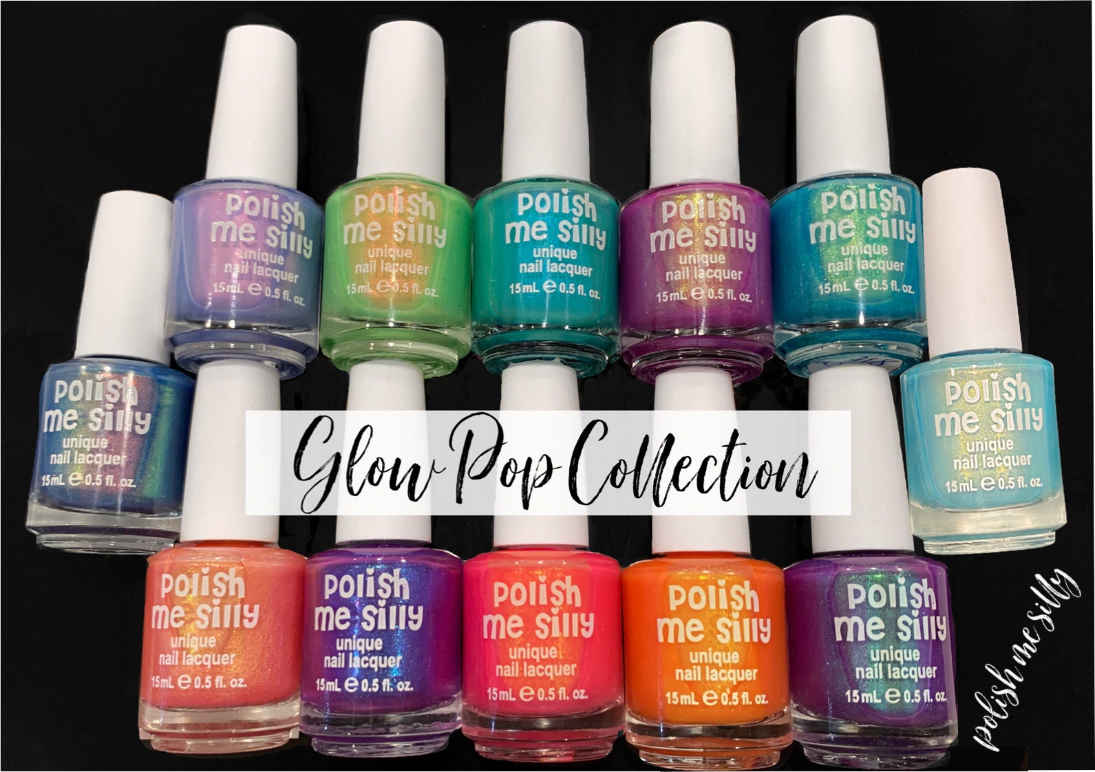 Full 12 Set "Glow Pop Collection" Oil Slick Mylar Color Shifting Multi-Chrome Glow Nail Polish Collection /Indie/ Me Silly