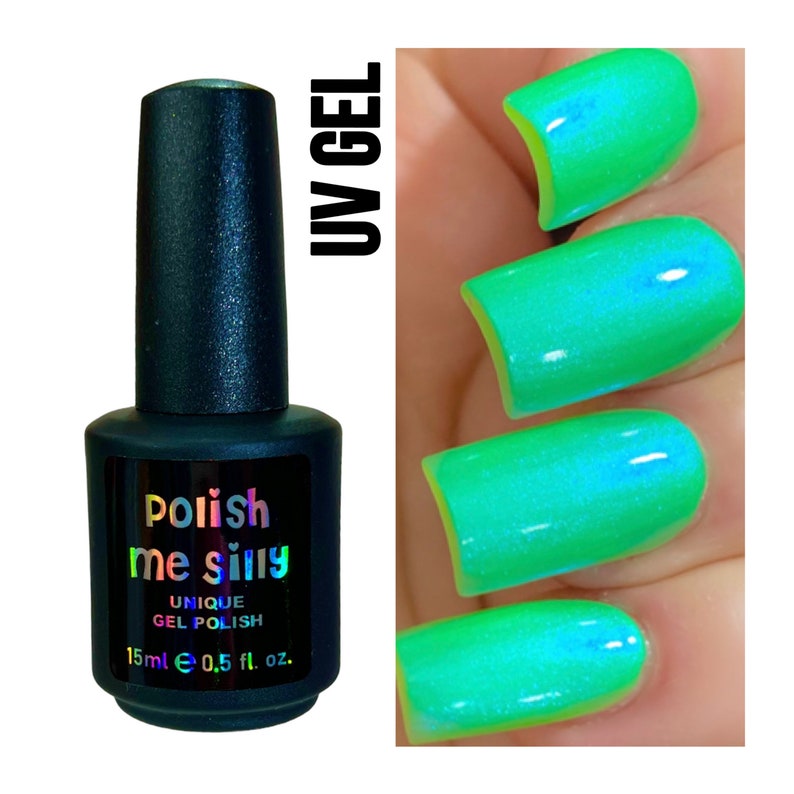 UV Led GEL Nail Polish Slimey Glow Neon Green Blue NEON Glow Pop Collection MultiColor Shift Oil Slick / Polish Me Silly Indie image 1