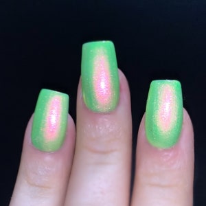 Glow Worm Neon Green Red Pink Gold Glow Pop Nail Polish Collection Multi-Color Shifting: Mylar Oil Slick / Polish Me Silly Indie Nail image 9