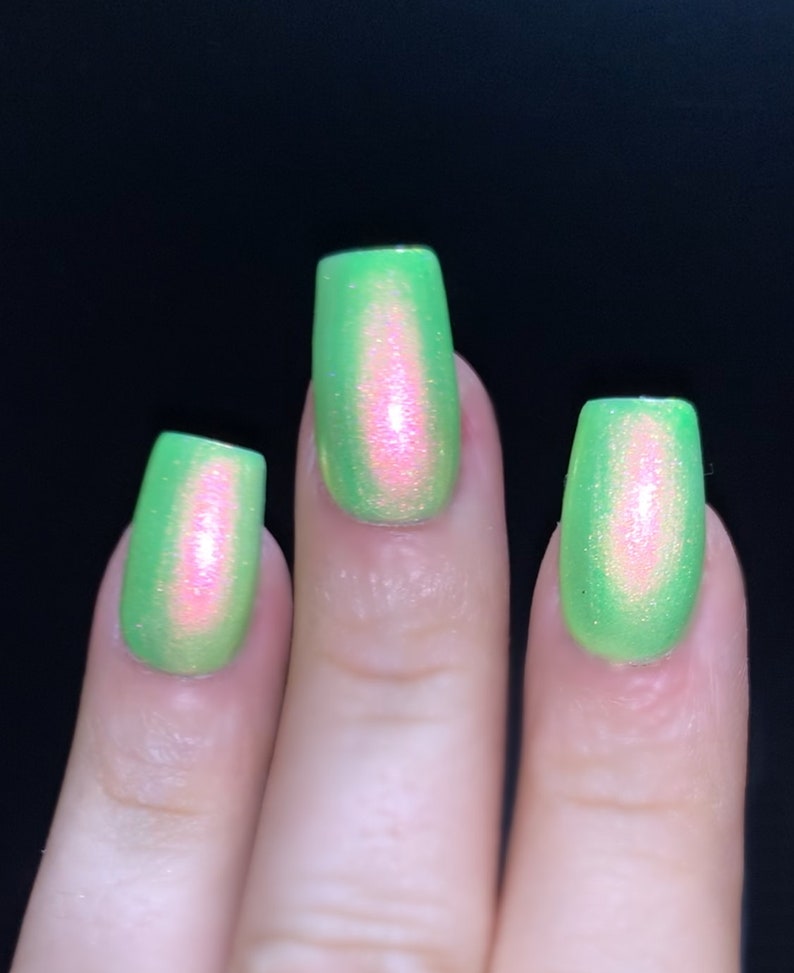 Glow Worm Neon Green Red Pink Gold Glow Pop Nail Polish Collection Multi-Color Shifting: Mylar Oil Slick / Polish Me Silly Indie Nail image 9