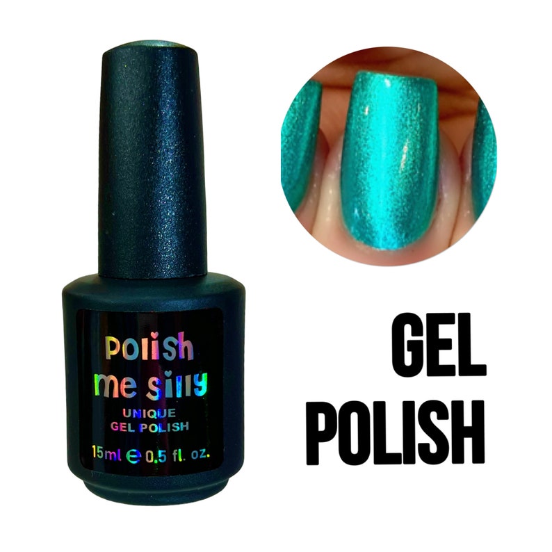 May include: A bottle of teal green gel polish with a black label that reads "Polish me silly Unique Gel Polish 15ml e 0.5 fl. oz."