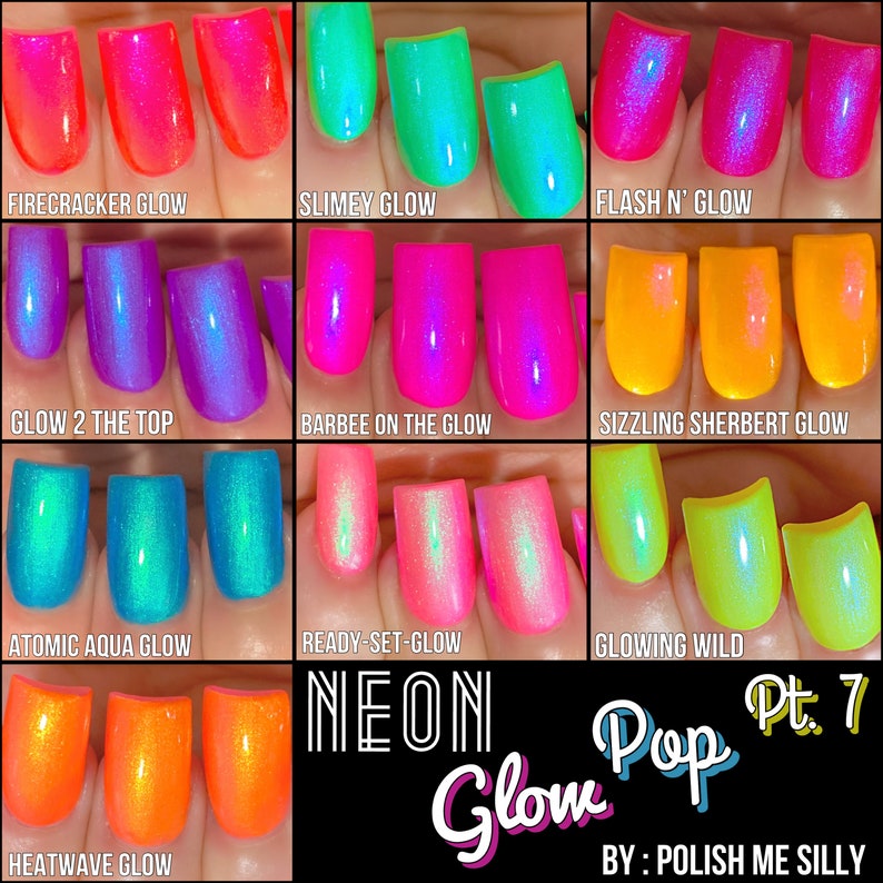 May include: Neon Glow Pop Pt. 7 nail polish collection featuring ten different colors, including Firecracker Glow, Slimey Glow, Flash N' Glow, Glow 2 The Top, Barbee On The Glow, Sizzling Sherbert Glow, Atomic Aqua Glow, Ready-Set-Glow, Glowing Wild, and Heatwave Glow.