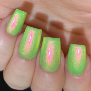 Glow Worm Neon Green Red Pink Gold Glow Pop Nail Polish Collection Multi-Color Shifting: Mylar Oil Slick / Polish Me Silly Indie Nail image 4