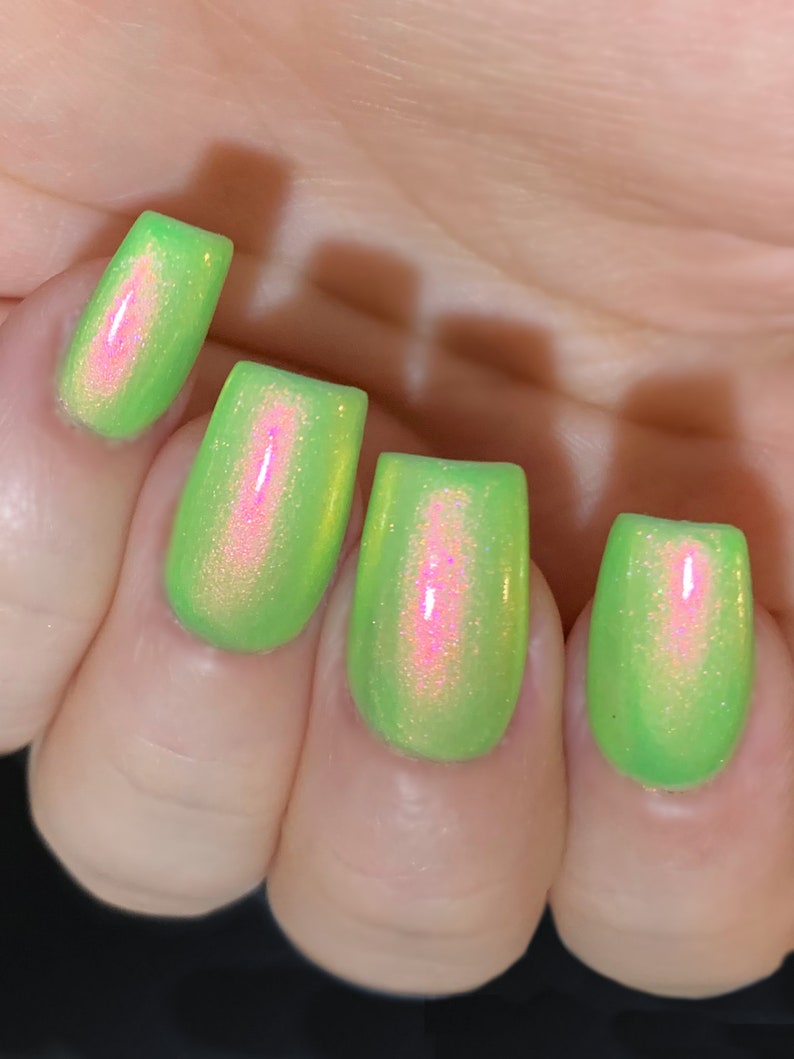 Glow Worm Neon Green Red Pink Gold Glow Pop Nail Polish Collection Multi-Color Shifting: Mylar Oil Slick / Polish Me Silly Indie Nail image 4