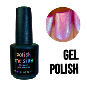 May include: A bottle of pink iridescent gel polish with the brand name "Polish me silly" and the text "Unique Gel Polish 15ml e 0.5 fl. oz."