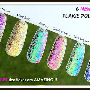 May include: Six new flakie nail polishes in a variety of colors, including blue, green, gold, and pink. The text "6 NEW FLAKIE POLISHES" is written above the bottles. The text "The LARGER size flakes are AMAZING!!!" is written below the bottles.