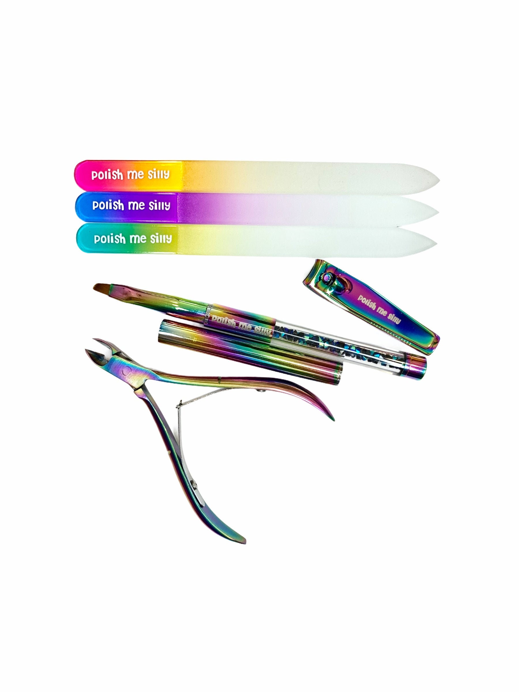 6 pc Full Tool Set- 3 Rainbow Files, Clipper, Nipper, Clean Up Brush -Polish Me Silly Logo Nail Tools Multi-chrome