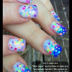 May include: Close-up of fingernails with a light blue base and colorful polka dots. The top three nails have a lilac base and the bottom four nails have a periwinkle base. The text "Top 3 nails are "liliac lover" and bottom 4 nails are "periwinkle twinkle!" We added an extra topcoat of our new polkadot polish called "FLIRTY" on top of both.....WOW...to die for!" is visible at the bottom of the image.