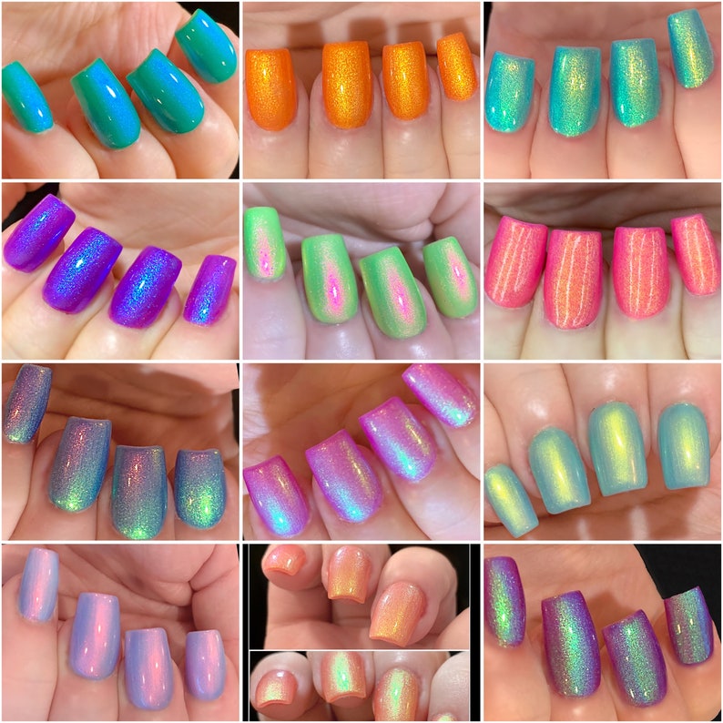 May include: A collection of 10 different nail polishes with a variety of colors and finishes, including holographic, shimmer, and glitter. The polishes are displayed on fingers, showcasing the different effects.