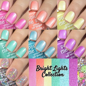 May include: A set of eight nail polishes in various pastel colors, including pink, peach, yellow, light blue, turquoise, and purple. The bottles are labeled "Poi me" and "unique nail lacquer". The set is called "Bright Lights Collection".