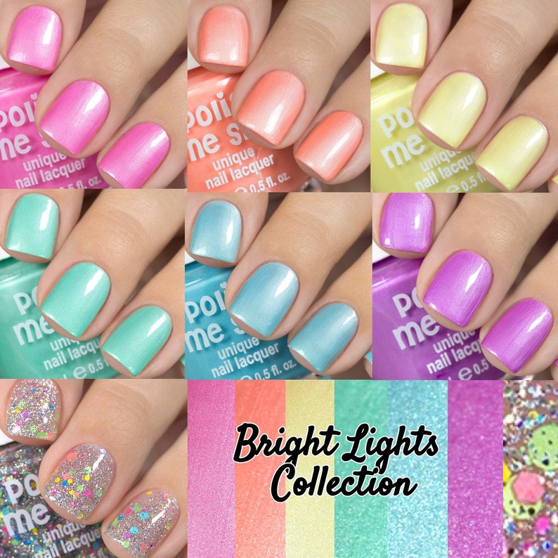 May include: A set of eight nail polishes in various pastel colors, including pink, peach, yellow, light blue, turquoise, and purple. The bottles are labeled "Poi me" and "unique nail lacquer". The set is called "Bright Lights Collection".