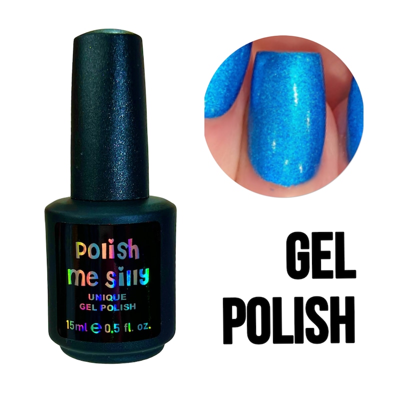 May include: A small bottle of blue gel polish with the text "Polish me silly" and "Unique Gel Polish" on the label. The bottle is 0.5 fl. oz. and contains 15 ml of polish.