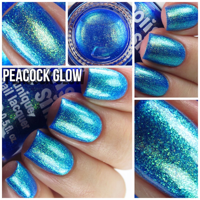 Peacock Glow Blue Green Gold Teal Shimmer Glow Pop PT 2 Polish Collection Multi-Color Shift: Mylar Oil Slick / Polish Me Silly image 2