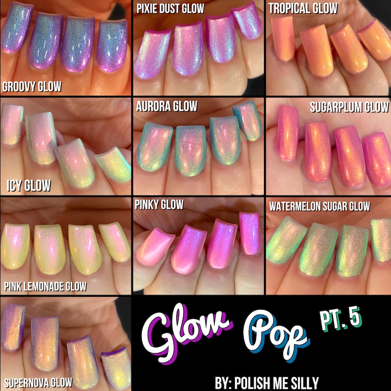 Icy Glow Silver Gray Pink Yellow Green Glow Pop Nail Polish Collection Multi-Color Shifting: Mylar Oil Slick / Polish Me Silly image 10