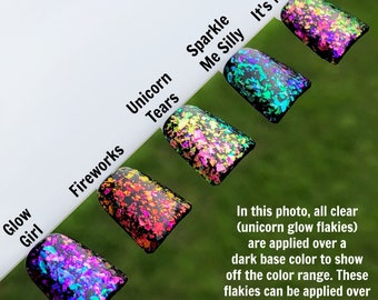 Set of 5 Polishes from Unicorn Glow Collection: FLAKIE Topcoats Multi-Color Shifting Polish-Glitter Indie Nail Water Marble Stamping Nails