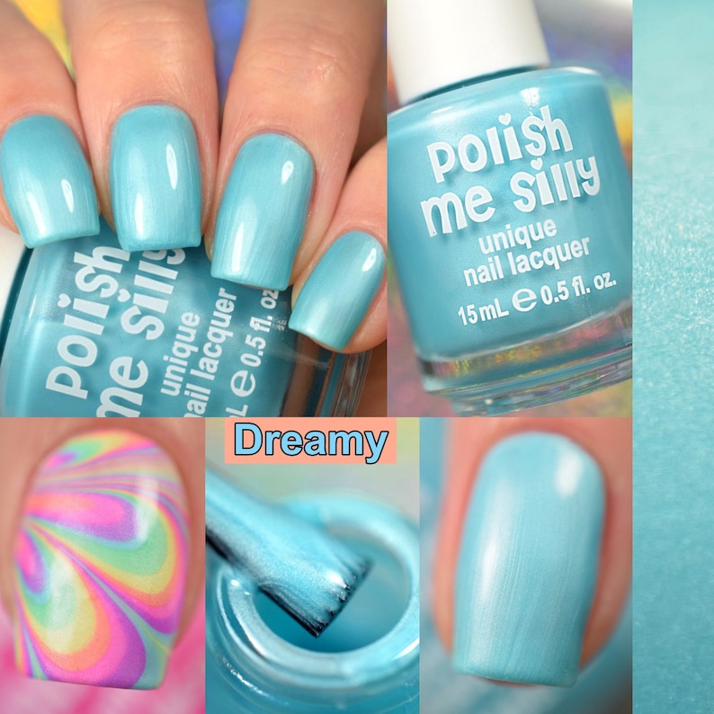 May include: A bottle of light blue nail polish with a shimmery finish. The bottle is labeled "Polish Me Silly" and "unique nail lacquer". The bottle contains 0.5 fl oz (15 mL) of polish.