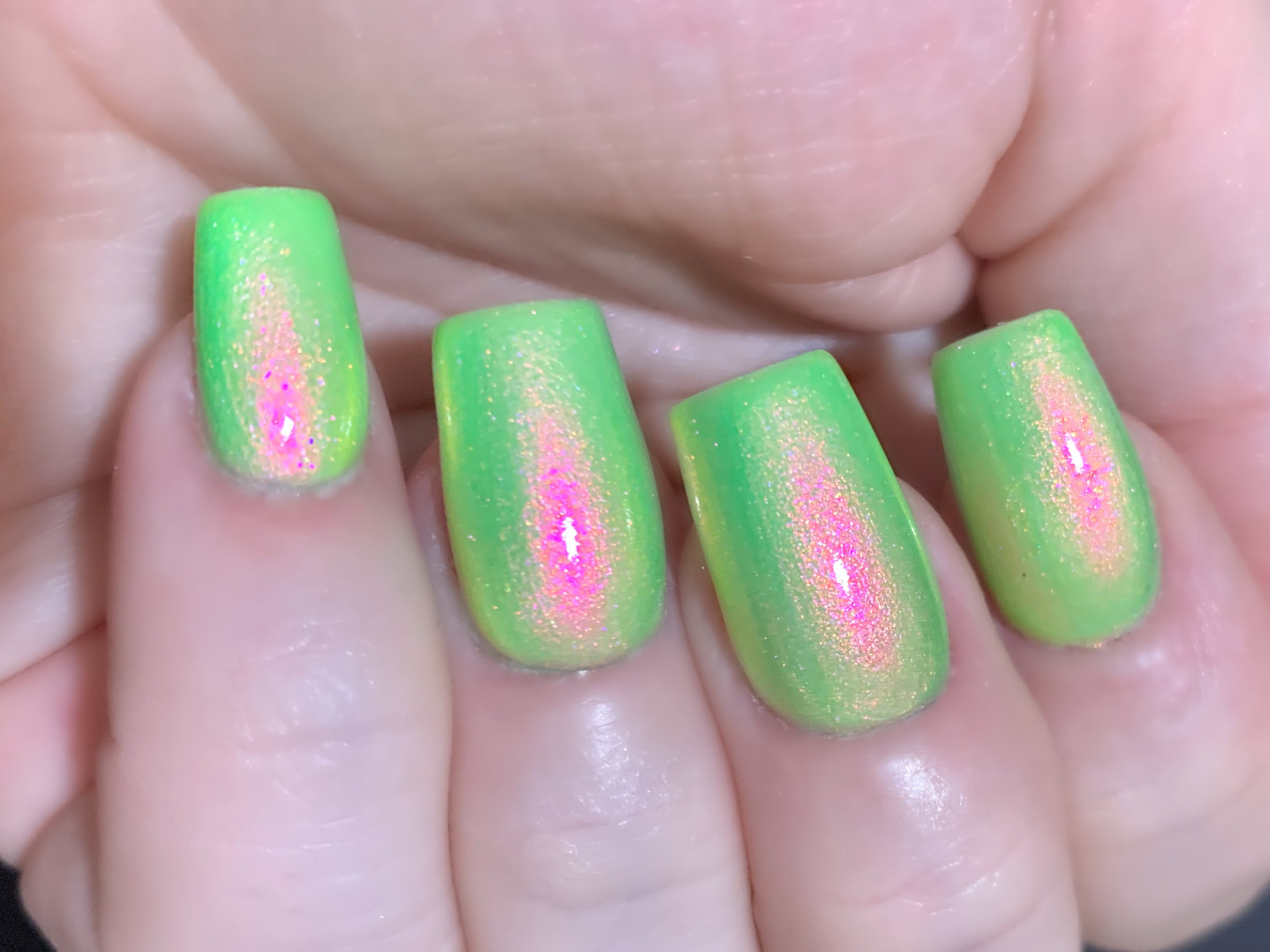 Glow Worm - Neon Green Red Pink Gold "Glow Pop Nail Polish Collection" Multi-Color Shifting: Mylar Oil Slick / Polish Me Silly Indie Nail