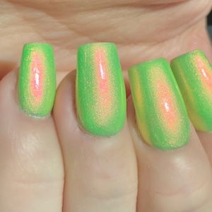 Glow Worm Neon Green Red Pink Gold Glow Pop Nail Polish Collection Multi-Color Shifting: Mylar Oil Slick / Polish Me Silly Indie Nail image 3