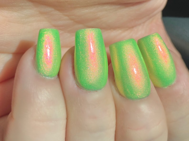 Glow Worm Neon Green Red Pink Gold Glow Pop Nail Polish Collection Multi-Color Shifting: Mylar Oil Slick / Polish Me Silly Indie Nail image 3