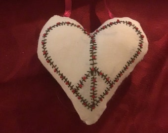 Peace heart pillow/ornament, hand embroidered