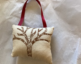 Tree Pillow, Winter Tree, Hand Drawn and Hand Embroidered, Hanging Pillow, Handmade