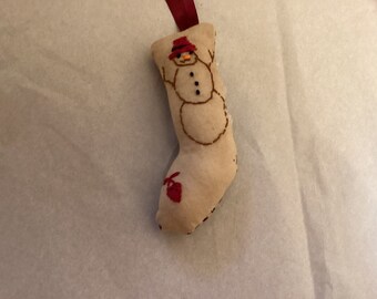 Snowman Stocking Ornament, Hand Embroidered, Handstitched, Hand Drawn, Handmade