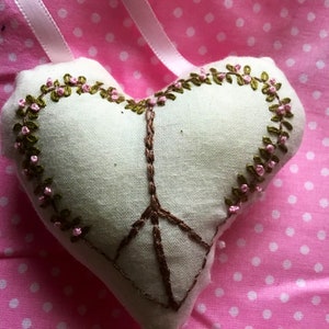 Peace Sign Heart Pillow, Pink Tree, Hand Embroidered, Door Hanging Pillow image 6