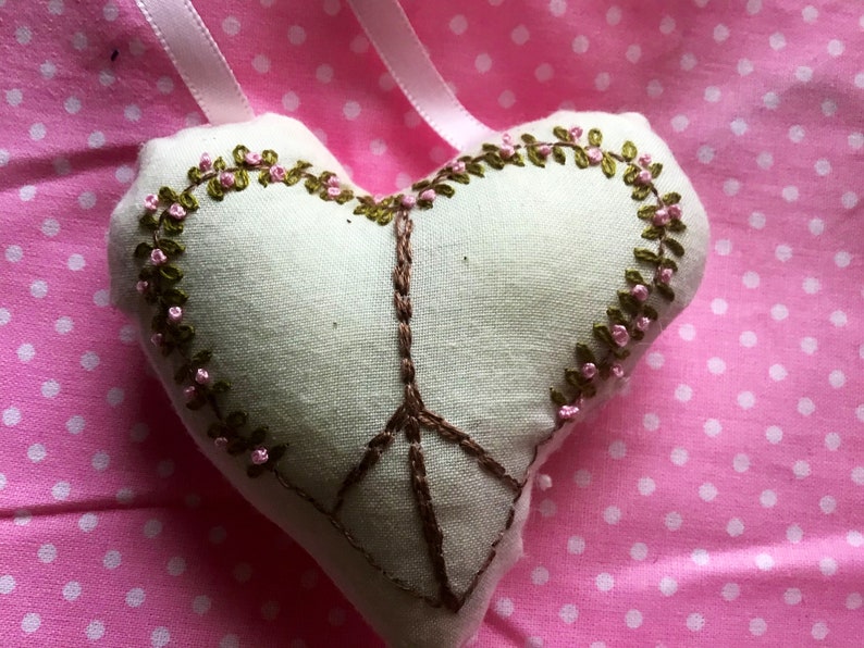 Peace Sign Heart Pillow, Pink Tree, Hand Embroidered, Door Hanging Pillow image 6