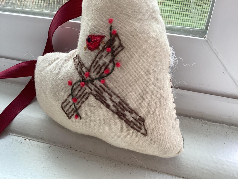 Cardinal on A Brown Cross Heart Ornament/pillow , Hand Embroidered, Door Hanging Pillow Etsy
