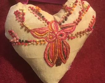 Autumn Goddess Hand Embroidered Pillow, Heart Shaped